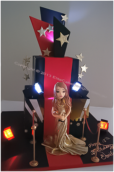 Hollywood Red Carpet Cake with spotlights